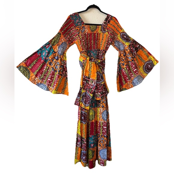 VTG African Star Bohemian Maxi Dress Off The Shoulder Oversized Flared Sleeve OS - Picture 15 of 15